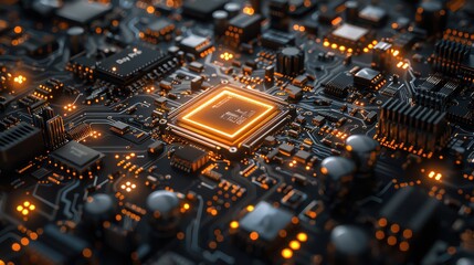 Poster - Close-up view of an illuminated microchip on a circuit board, showcasing modern technology and electronic components.