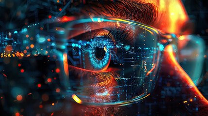 Poster - Close-up of a futuristic eye with glasses, showcasing augmented reality and advanced technology in a vibrant digital environment.