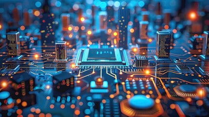 Poster - Close-up view of a glowing microchip on a circuit board, showcasing the complexity of modern technology and electronics.