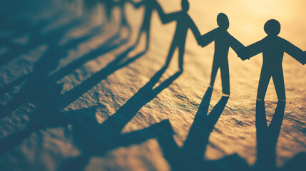 Wall Mural - Office table with paper people holding hands in a seamless chain, shadows stretching out. Businesspeople and colleagues partnership and friendship, working community concept, team