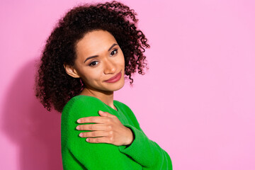 Poster - Photo of pretty nice lovely woman wear green stylish clothes empty space isolated on pink color background