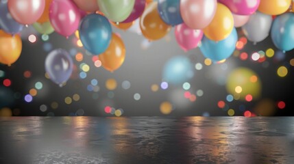 Poster - Colorful balloons in shades of pink, blue, yellow, green, and purple float above a dark reflective surface with a festive atmosphere