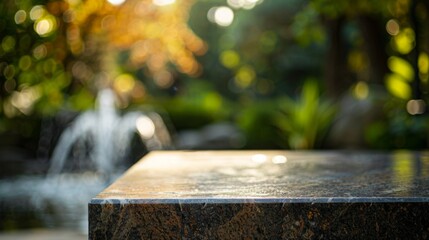 Aufkleber - A stone tabletop sits in a lush garden with a water fountain in the background.