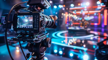 Poster - a professional camera is positioned on a tripod, capturing a live event with a brightly lit stage in