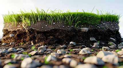 Poster - Round cross section of soil ground with green grass and earth ground, realistic 3D rendering circle cutaway terrain floor with isolated rocks