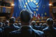© ArtmediaworX - Politicians with back view at EU parliament in front of the European Union flag. Generative Ai