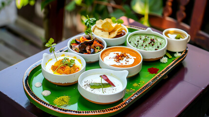 Wall Mural - Colorful Indian food platter with dishes arranged in the colors of the Indian flag, celebrating the country's culinary diversity.