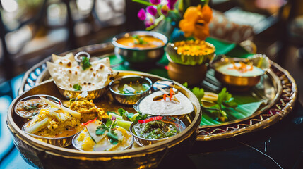 Wall Mural - Indian thali with dishes representing the tricolor, symbolizing the diversity and richness of Indian cuisine.