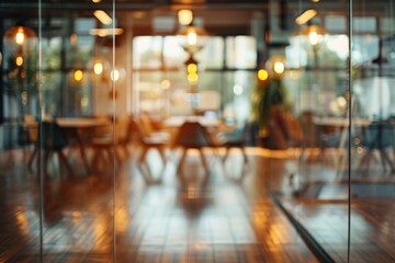 Wall Mural - A blurred view of an office space with young professionals in the background