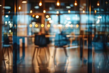 Wall Mural - A blurred view of an office space with young professionals in the background