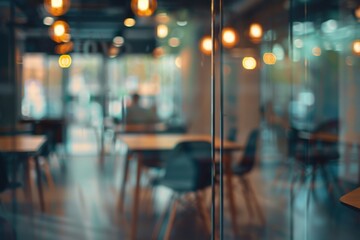 Wall Mural - A blurred view of an office space with young professionals in the background