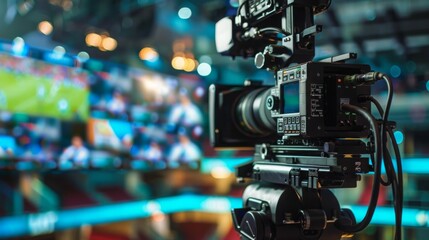 Poster - a professional camera with a large lens is set up in front of a live event, capturing the action on 