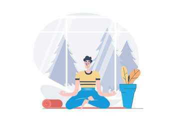 Aufkleber - Hobby concept in modern flat design for web. Man sitting in lotus asana and meditating in yoga class, training concentration, calm and emotional balance in spirituality practices. Vector illustration.