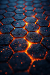 Poster - Minimalist dark hexagonal pattern with subtle blue and orange light reflections, enhancing the abstract design,
