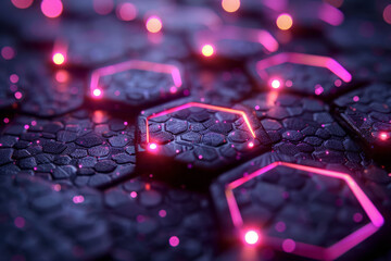 Poster - Dark abstract hexagonal pattern with glowing purple and pink light reflections creating a dynamic, futuristic effect,