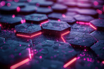 Poster - Dark abstract hexagonal pattern with glowing purple and pink light reflections creating a dynamic, futuristic effect,