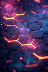 Poster - Abstract hexagonal pattern on a dark background with vibrant purple and pink light reflections, creating a captivating visual,