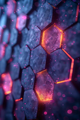 Poster - Abstract hexagonal pattern on a dark background with vibrant purple and pink light reflections, creating a captivating visual,
