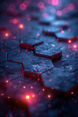 Poster - Dark abstract hexagonal pattern with soft purple and pink glows, creating an ethereal light reflection effect,