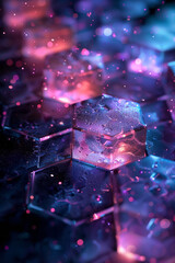 Poster - Dark abstract hexagonal pattern with soft purple and pink glows, creating an ethereal light reflection effect,