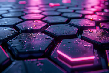 Poster - Minimalist dark hexagonal pattern accented by bright purple and pink light reflections, evoking a futuristic feel,