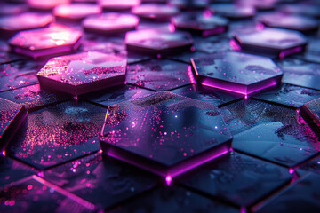 Poster - Dark hexagonal grid pattern with neon purple and pink light reflections, creating a striking, high-tech visual,