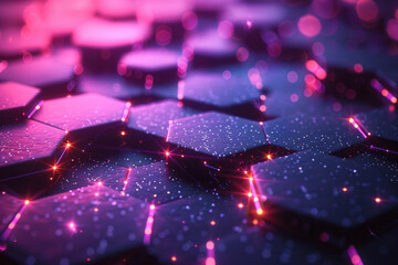 Poster - Abstract hexagonal pattern on a dark backdrop with purple and pink lights reflecting, forming a dynamic composition,
