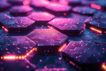 Fototapete - Dark geometric hexagonal design illuminated by alternating purple and pink light reflections, creating a mesmerizing effect,