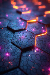 Fototapete - Abstract hexagonal grid with purple and pink light reflections on a dark, sleek background, evoking a modern aesthetic,