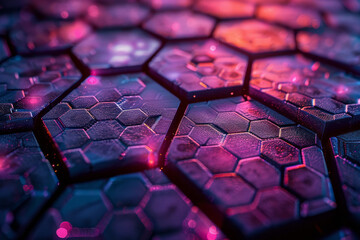 Fototapete - Dark hexagonal pattern with vibrant purple and pink light reflections, creating a visually engaging abstract design,