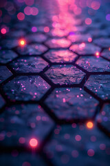 Fototapete - Minimalist dark abstract hexagonal pattern illuminated by purple and pink light reflections, forming a captivating geometric composition,
