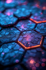 Fototapete - Minimalist dark abstract hexagonal pattern illuminated by purple and pink light reflections, forming a captivating geometric composition,
