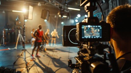 Aufkleber - a cameraman films actors performing a scene on a studio set. lights and equipment surround the perfo