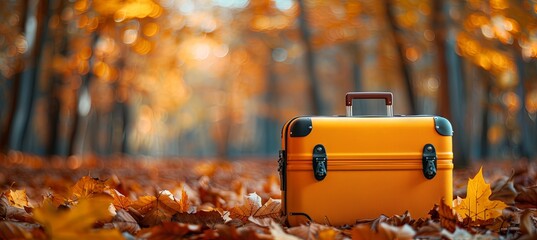 Wall Mural - modern yellow suitcase on the faling autumn leaves background, travel concept