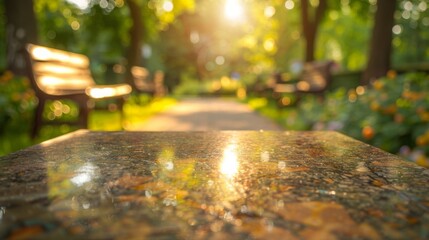 Aufkleber - A stone table sits in a sunny park with benches blurred in the background.