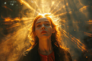 Poster - A simple, elegant illustration of a woman with a calm, powerful expression, with rays of light emanating from her head like a halo,