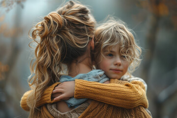 Poster - A simple, clean image of a woman with her hands gently resting on the shoulders of two children, symbolizing guidance and protection,