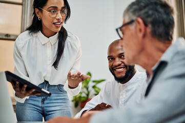 Sticker - Woman, tablet and meeting with group for ideas, brainstorming or question in office for growth. Business people, person and presentation on app for talk, support or diversity at creative agency