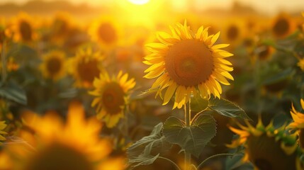 Poster - Close-up of a sunflower field at sunrise, with bright yellow flowers facing the rising sun.