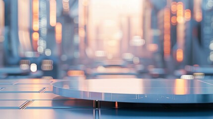 Poster - A circular platform stands out in front of a blurred cityscape, lit by a warm glow.