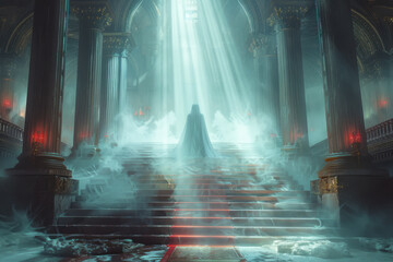 Poster - A clean, surreal depiction of a staircase leading up to a single throne, with faceless figures ascending the steps,