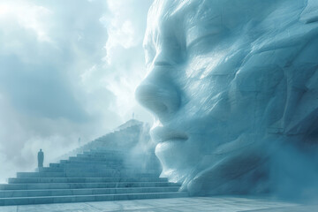 Poster - A clean, surreal depiction of a staircase leading up to a single throne, with faceless figures ascending the steps,