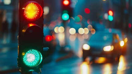 Aufkleber - Close-up of a traffic light changing from red to green, with blurred cars in the background.