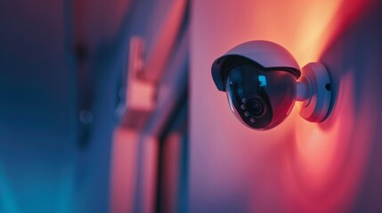 Poster - Close-up of a Wi-Fi security camera mounted on a wall, monitoring home or office premises remotely.