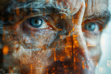Poster - An abstract representation of a man's face, with his features forming a rigid, grid-like structure around smaller figures.