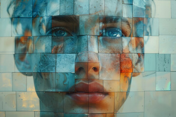 Poster - An abstract representation of a man's face, with his features forming a rigid, grid-like structure around smaller figures.