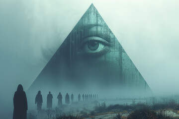 Poster - A minimalist depiction of a pyramid with a single eye at the top, overlooking smaller figures at the base,