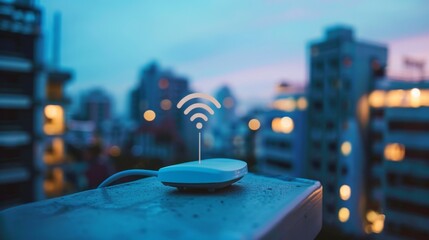 Aufkleber - Close-up of a Wi-Fi antenna on a rooftop, transmitting signals for wireless internet access in urban area.