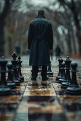 Poster - A simple, surreal depiction of a man standing on a chessboard, with smaller figures as chess pieces,