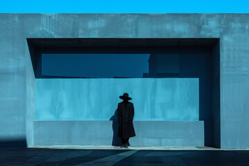 Poster - A minimalist image of a man with an oversized hat, casting a shadow over a series of smaller, identical figures,
